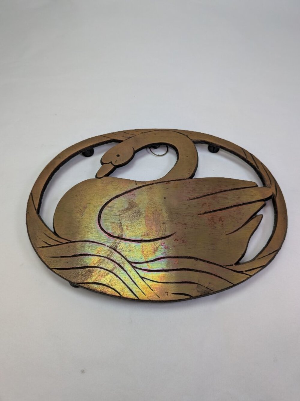 Vintage Solid Copper Swan Trivet Iridescent Rainbow Patina Wall Hanging